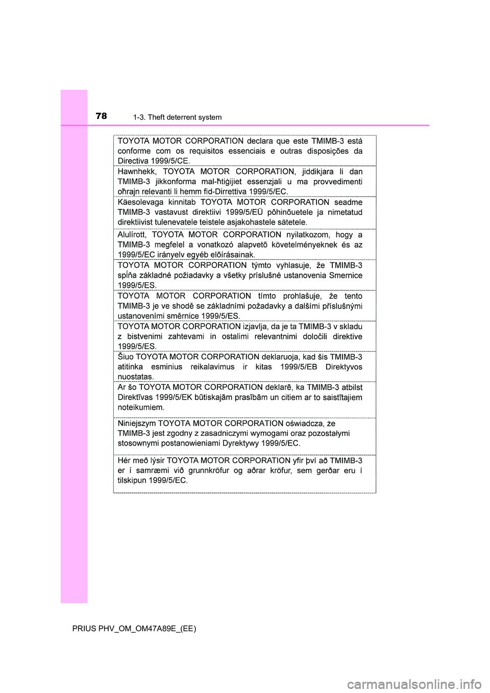 TOYOTA PRIUS PLUG-IN HYBRID 2016 Manual PDF 781-3. Theft deterrent system
PRIUS PHV_OM_OM47A89E_(EE) 