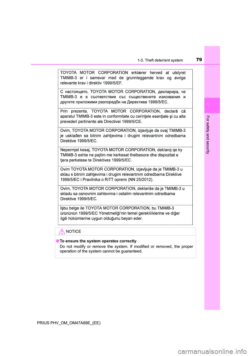 TOYOTA PRIUS PLUG-IN HYBRID 2016 Manual PDF 791-3. Theft deterrent system
1
PRIUS PHV_OM_OM47A89E_(EE)
For safety and security
NOTICE
■To ensure the system operates correctly 
Do not modify or remove the system. If modified or removed, the pr