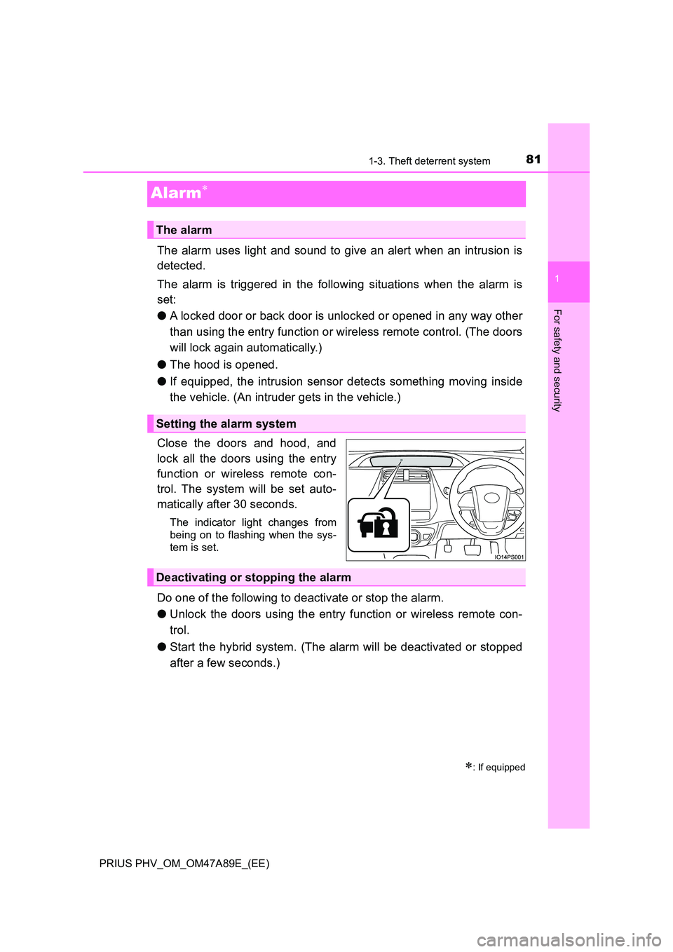 TOYOTA PRIUS PLUG-IN HYBRID 2016 Owners Manual 81
1
1-3. Theft deterrent system
PRIUS PHV_OM_OM47A89E_(EE)
For safety and security
Alarm
The alarm uses light and sound to give an alert when an intrusion is
detected.
The alarm is triggered in TOYOTA PRIUS PLUG-IN HYBRID 2016 Owners Manual 81
1
1-3. Theft deterrent system
PRIUS PHV_OM_OM47A89E_(EE)
For safety and security
Alarm
The alarm uses light and sound to give an alert when an intrusion is
detected.
The alarm is triggered in