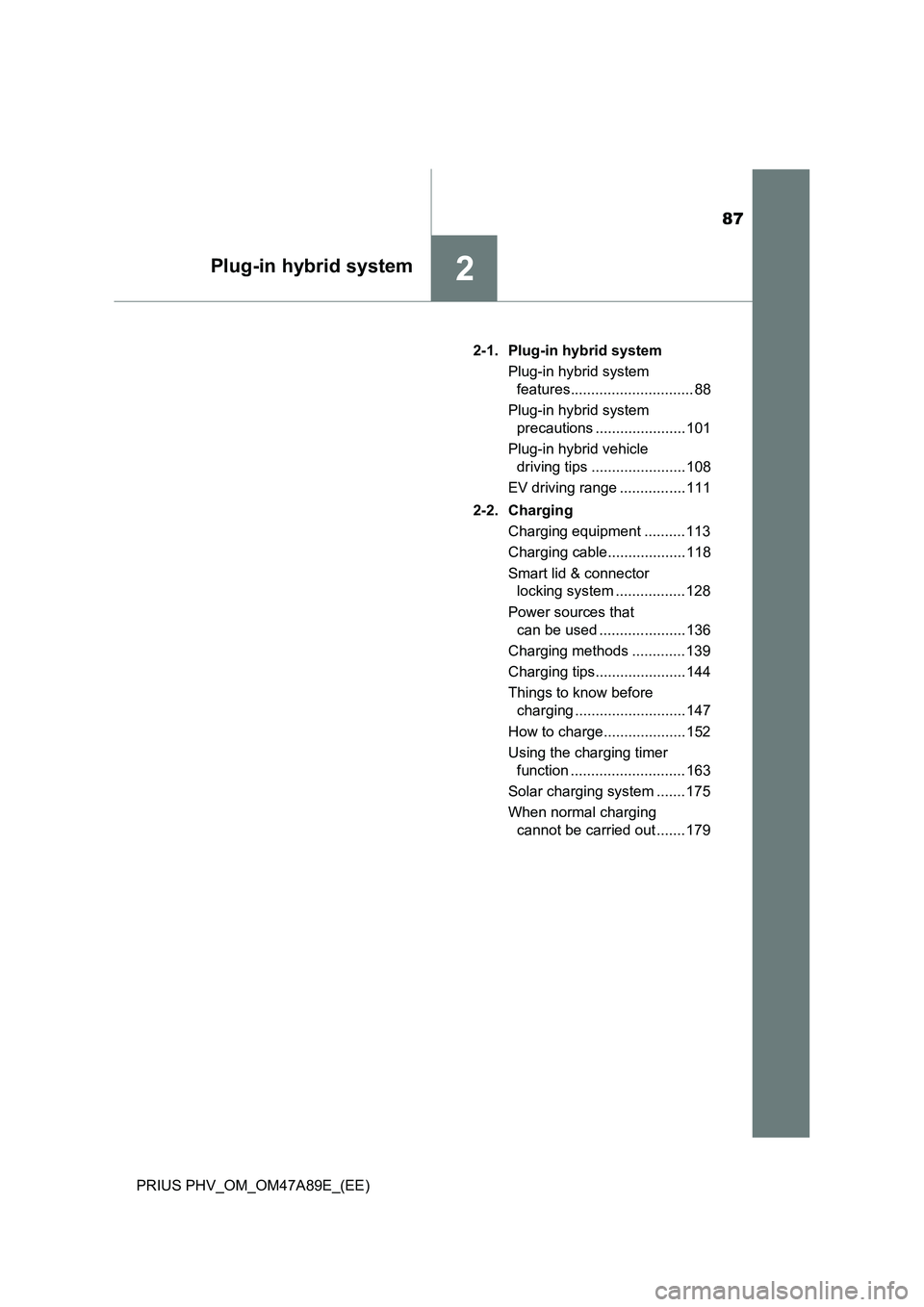 TOYOTA PRIUS PLUG-IN HYBRID 2016 Manual Online 87
2Plug-in hybrid system
PRIUS PHV_OM_OM47A89E_(EE)2-1. Plug-in hybrid system
Plug-in hybrid system
features.............................. 88
Plug-in hybrid system
precautions ..................... TOYOTA PRIUS PLUG-IN HYBRID 2016 Manual Online 87
2Plug-in hybrid system
PRIUS PHV_OM_OM47A89E_(EE)2-1. Plug-in hybrid system
Plug-in hybrid system
features.............................. 88
Plug-in hybrid system
precautions .....................