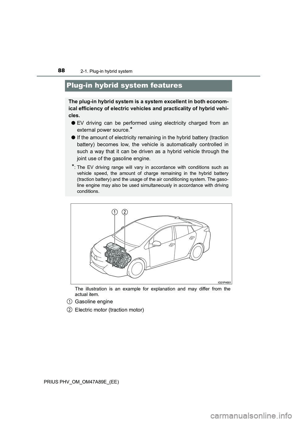 TOYOTA PRIUS PLUG-IN HYBRID 2016  Owners Manual 882-1. Plug-in hybrid system
PRIUS PHV_OM_OM47A89E_(EE)
Plug-in hybrid system features
The illustration is an example for explanation and may differ from the 
actual item.
Gasoline engine 
Electric mo