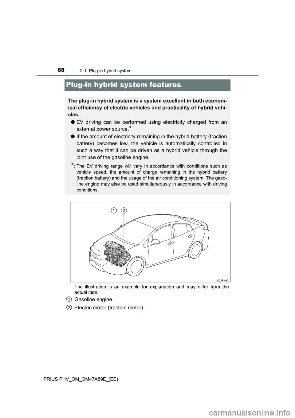 TOYOTA PRIUS PLUG-IN HYBRID 2016 Manual Online 882-1. Plug-in hybrid system
PRIUS PHV_OM_OM47A89E_(EE)
Plug-in hybrid system features
The illustration is an example for explanation and may differ from the
actual item.
Gasoline engine
Electric mo TOYOTA PRIUS PLUG-IN HYBRID 2016 Manual Online 882-1. Plug-in hybrid system
PRIUS PHV_OM_OM47A89E_(EE)
Plug-in hybrid system features
The illustration is an example for explanation and may differ from the
actual item.
Gasoline engine
Electric mo