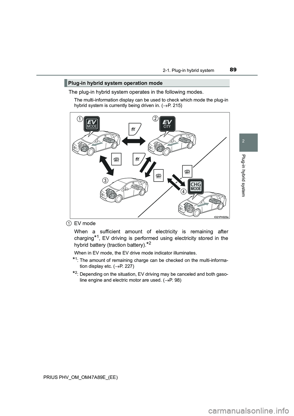 TOYOTA PRIUS PLUG-IN HYBRID 2016 Manual Online 892-1. Plug-in hybrid system
2
Plug-in hybrid system
PRIUS PHV_OM_OM47A89E_(EE)
The plug-in hybrid system operates in the following modes.
The multi-information display can be used to check which mode TOYOTA PRIUS PLUG-IN HYBRID 2016 Manual Online 892-1. Plug-in hybrid system
2
Plug-in hybrid system
PRIUS PHV_OM_OM47A89E_(EE)
The plug-in hybrid system operates in the following modes.
The multi-information display can be used to check which mode