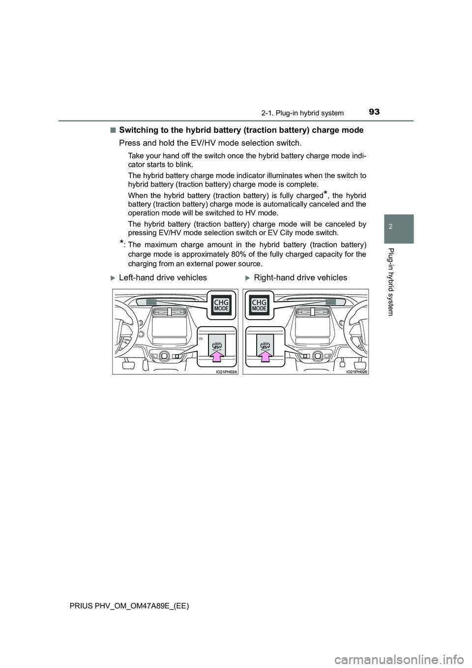 TOYOTA PRIUS PLUG-IN HYBRID 2016 Owners Manual 932-1. Plug-in hybrid system
2
Plug-in hybrid system
PRIUS PHV_OM_OM47A89E_(EE)■
Switching to the hybrid battery (traction battery) charge mode
Press and hold the EV/HV mode selection switch.
Take y TOYOTA PRIUS PLUG-IN HYBRID 2016 Owners Manual 932-1. Plug-in hybrid system
2
Plug-in hybrid system
PRIUS PHV_OM_OM47A89E_(EE)■
Switching to the hybrid battery (traction battery) charge mode
Press and hold the EV/HV mode selection switch.
Take y