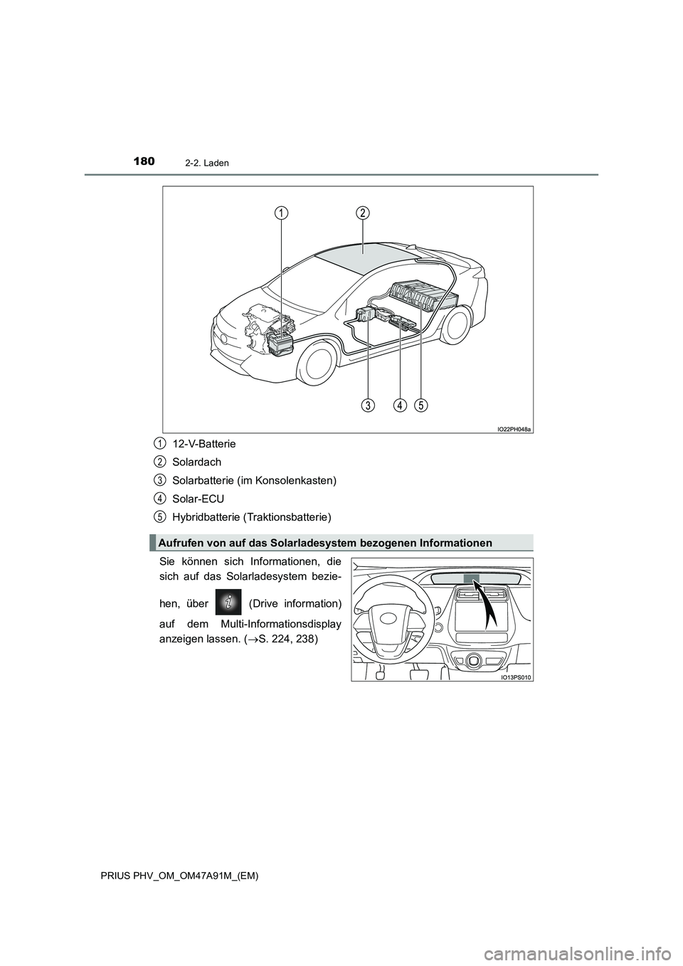 TOYOTA PRIUS PLUG-IN HYBRID 2017  Betriebsanleitungen (in German) 1802-2. Laden
PRIUS PHV_OM_OM47A91M_(EM)
12-V-Batterie
Solardach
Solarbatterie (im Konsolenkasten)
Solar-ECU
Hybridbatterie (Traktionsbatterie)
Sie können sich Informationen, die
sich auf das Solarla