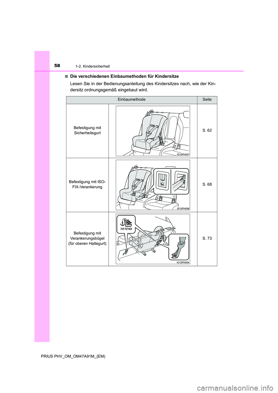 TOYOTA PRIUS PLUG-IN HYBRID 2017 Betriebsanleitungen (in German) 581-2. Kindersicherheit
PRIUS PHV_OM_OM47A91M_(EM)
■Die verschiedenen Einbaumethoden für Kindersitze
Lesen Sie in der Bedienungsanleitung des Kindersitzes nach, wie der Kin-
dersitz ordnungsgem TOYOTA PRIUS PLUG-IN HYBRID 2017 Betriebsanleitungen (in German) 581-2. Kindersicherheit
PRIUS PHV_OM_OM47A91M_(EM)
■Die verschiedenen Einbaumethoden für Kindersitze
Lesen Sie in der Bedienungsanleitung des Kindersitzes nach, wie der Kin-
dersitz ordnungsgem