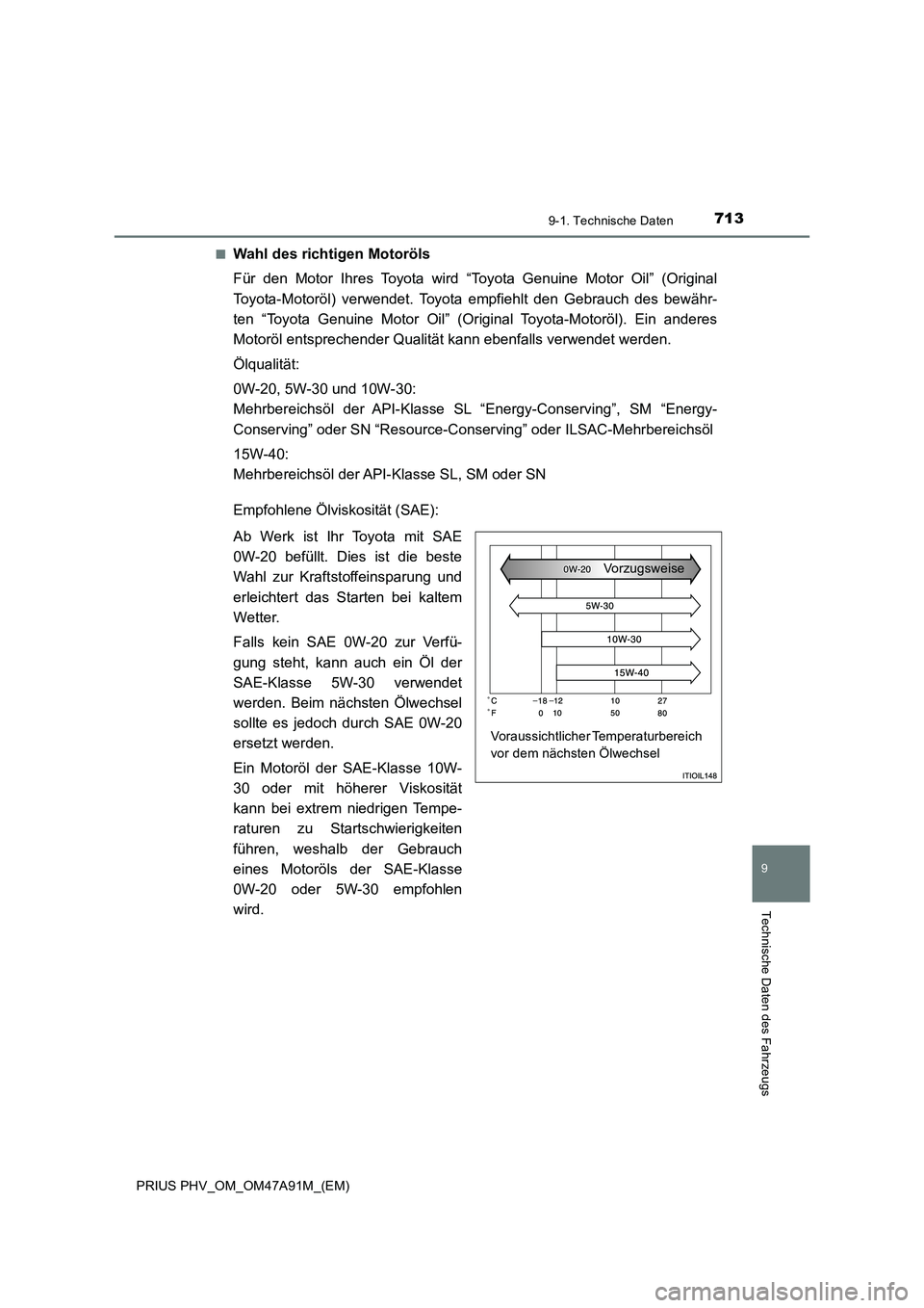 TOYOTA PRIUS PLUG-IN HYBRID 2016 Betriebsanleitungen (in German) 7139-1. Technische Daten
PRIUS PHV_OM_OM47A91M_(EM)
9
Technische Daten des Fahrzeugs
■Wahl des richtigen Motoröls
Für den Motor Ihres Toyota wird “Toyota Genuine Motor Oil” (Original
Toyota-Mo TOYOTA PRIUS PLUG-IN HYBRID 2016 Betriebsanleitungen (in German) 7139-1. Technische Daten
PRIUS PHV_OM_OM47A91M_(EM)
9
Technische Daten des Fahrzeugs
■Wahl des richtigen Motoröls
Für den Motor Ihres Toyota wird “Toyota Genuine Motor Oil” (Original
Toyota-Mo