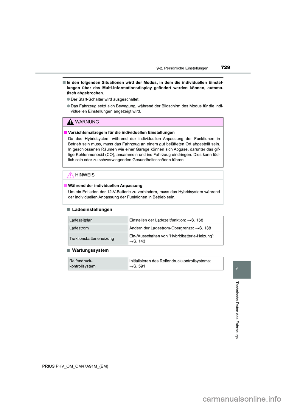 TOYOTA PRIUS PLUG-IN HYBRID 2016 Betriebsanleitungen (in German) 7299-2. Persönliche Einstellungen
PRIUS PHV_OM_OM47A91M_(EM)
9
Technische Daten des Fahrzeugs
■In den folgenden Situationen wird der Modus, in dem die individuellen Einstel-
lungen über das Multi TOYOTA PRIUS PLUG-IN HYBRID 2016 Betriebsanleitungen (in German) 7299-2. Persönliche Einstellungen
PRIUS PHV_OM_OM47A91M_(EM)
9
Technische Daten des Fahrzeugs
■In den folgenden Situationen wird der Modus, in dem die individuellen Einstel-
lungen über das Multi