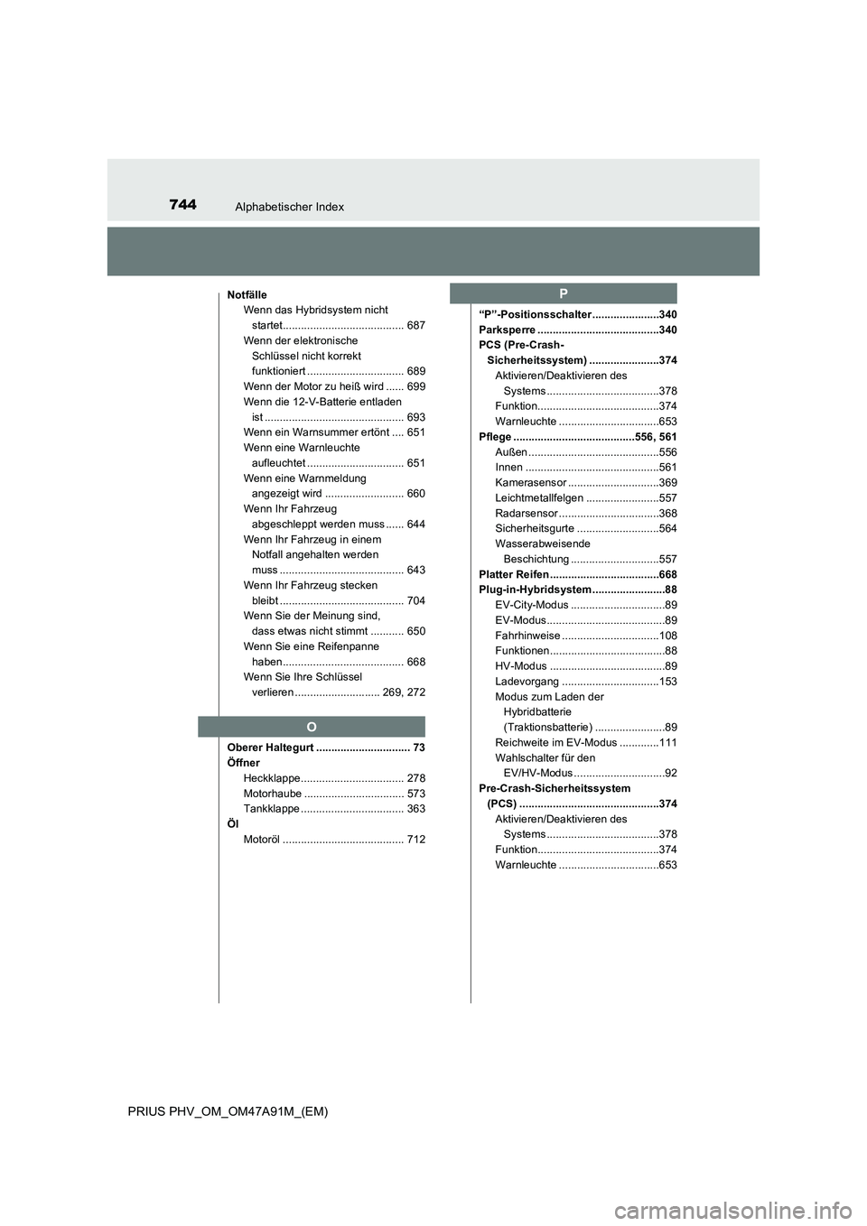 TOYOTA PRIUS PLUG-IN HYBRID 2016 Betriebsanleitungen (in German) 744Alphabetischer Index
PRIUS PHV_OM_OM47A91M_(EM)
Notfälle
Wenn das Hybridsystem nicht
startet........................................ 687
Wenn der elektronische
Schlüssel nicht korrekt
funktion TOYOTA PRIUS PLUG-IN HYBRID 2016 Betriebsanleitungen (in German) 744Alphabetischer Index
PRIUS PHV_OM_OM47A91M_(EM)
Notfälle
Wenn das Hybridsystem nicht
startet........................................ 687
Wenn der elektronische
Schlüssel nicht korrekt
funktion