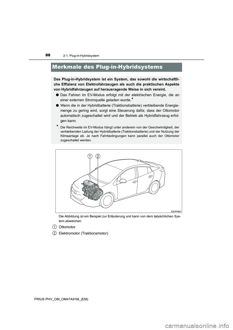 TOYOTA PRIUS PLUG-IN HYBRID 2017  Betriebsanleitungen (in German) 882-1. Plug-in-Hybridsystem
PRIUS PHV_OM_OM47A91M_(EM)
Merkmale des Plug-in-Hybridsystems
Die Abbildung ist ein Beispiel zur Erläuterung und kann von dem tatsächlichen Sys- 
tem abweichen.
Ottomotor