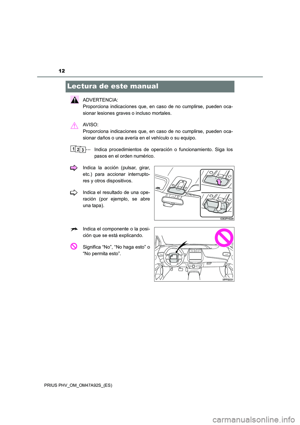 TOYOTA PRIUS PLUG-IN HYBRID 2017 Manual del propietario (in Spanish) 12
PRIUS PHV_OM_OM47A92S_(ES)
Lectura de este manual
ADVERTENCIA:
Proporciona indicaciones que, en caso de no cumplirse, pueden oca-
sionar lesiones graves o incluso mortales.
AV I S O :
Propor TOYOTA PRIUS PLUG-IN HYBRID 2017 Manual del propietario (in Spanish) 12
PRIUS PHV_OM_OM47A92S_(ES)
Lectura de este manual
ADVERTENCIA:
Proporciona indicaciones que, en caso de no cumplirse, pueden oca-
sionar lesiones graves o incluso mortales.
AV I S O :
Propor