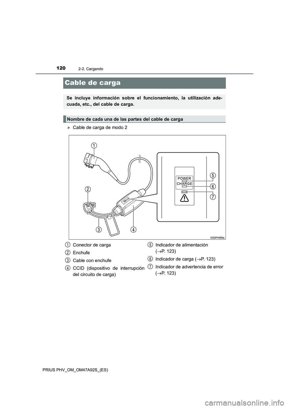 TOYOTA PRIUS PLUG-IN HYBRID 2017  Manual del propietario (in Spanish) 1202-2. Cargando
PRIUS PHV_OM_OM47A92S_(ES)
Cable de carga
Cable de carga de modo 2
Se incluye información sobre el funcionamiento, la utilización ade- 
cuada, etc., del cable de carga.
Nombre de