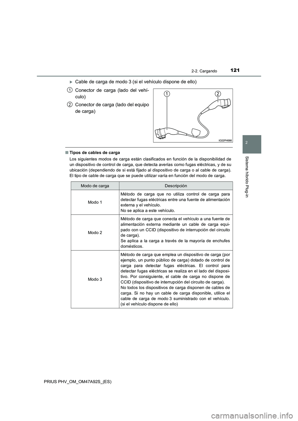 TOYOTA PRIUS PLUG-IN HYBRID 2017  Manual del propietario (in Spanish) 1212-2. Cargando
2
Sistema híbrido Plug-in
PRIUS PHV_OM_OM47A92S_(ES)
Cable de carga de modo 3 (si el vehículo dispone de ello) 
Conector de carga (lado del vehí- 
culo) 
Conector de carga (lado
