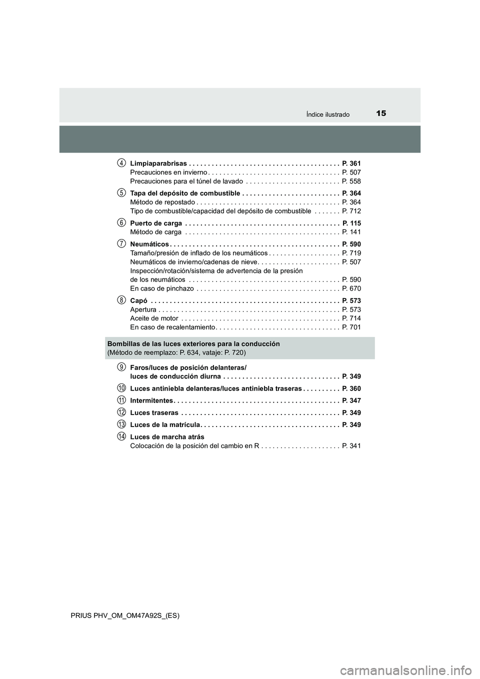 TOYOTA PRIUS PLUG-IN HYBRID 2017 Manual del propietario (in Spanish) 15Índice ilustrado
PRIUS PHV_OM_OM47A92S_(ES)Limpiaparabrisas . . . . . . . . . . . . . . . . . . . . . . . . . . . . . . . . . . . . . . . . P. 361
Precauciones en invierno . . . . . . . . . . . . TOYOTA PRIUS PLUG-IN HYBRID 2017 Manual del propietario (in Spanish) 15Índice ilustrado
PRIUS PHV_OM_OM47A92S_(ES)Limpiaparabrisas . . . . . . . . . . . . . . . . . . . . . . . . . . . . . . . . . . . . . . . . P. 361
Precauciones en invierno . . . . . . . . . . . .