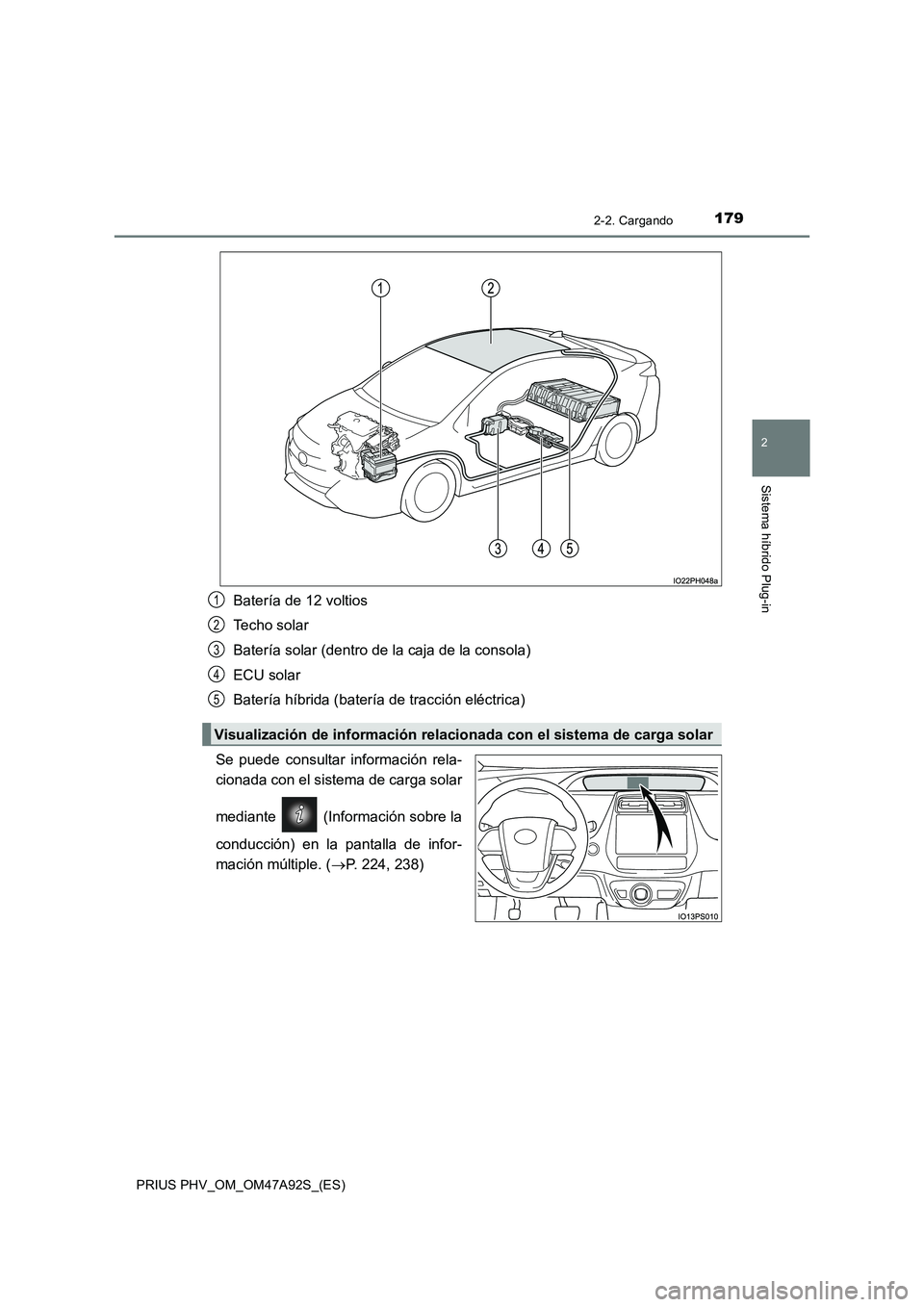 TOYOTA PRIUS PLUG-IN HYBRID 2017  Manual del propietario (in Spanish) 1792-2. Cargando
2
Sistema híbrido Plug-in
PRIUS PHV_OM_OM47A92S_(ES)
Batería de 12 voltios
Techo solar
Batería solar (dentro de la caja de la consola)
ECU solar
Batería híbrida (batería de trac