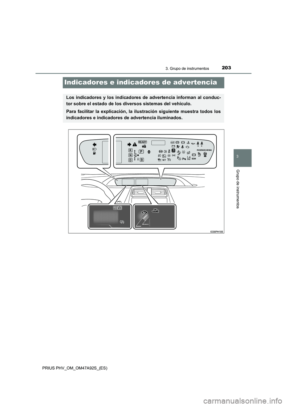 TOYOTA PRIUS PLUG-IN HYBRID 2017  Manual del propietario (in Spanish) 2033. Grupo de instrumentos
PRIUS PHV_OM_OM47A92S_(ES)
3
Grupo de instrumentos
Indicadores e indicadores de advertencia
Los indicadores y los indicadores de advertencia informan al conduc-
tor sobre e