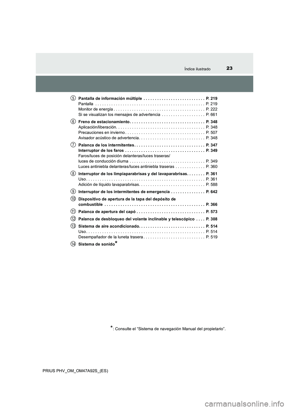 TOYOTA PRIUS PLUG-IN HYBRID 2017 Manual del propietario (in Spanish) 23Índice ilustrado
PRIUS PHV_OM_OM47A92S_(ES)Pantalla de información múltiple . . . . . . . . . . . . . . . . . . . . . . . . . . . P. 219
Pantalla . . . . . . . . . . . . . . . . . . . . . . . TOYOTA PRIUS PLUG-IN HYBRID 2017 Manual del propietario (in Spanish) 23Índice ilustrado
PRIUS PHV_OM_OM47A92S_(ES)Pantalla de información múltiple . . . . . . . . . . . . . . . . . . . . . . . . . . . P. 219
Pantalla . . . . . . . . . . . . . . . . . . . . . . .