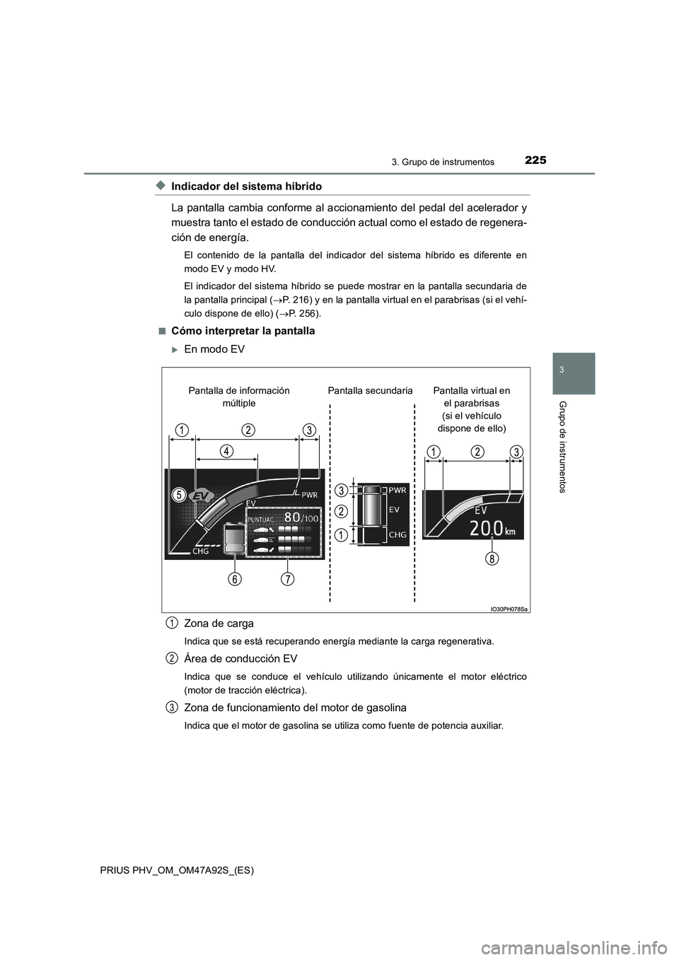 TOYOTA PRIUS PLUG-IN HYBRID 2017  Manual del propietario (in Spanish) 2253. Grupo de instrumentos
3
Grupo de instrumentos
PRIUS PHV_OM_OM47A92S_(ES)
◆Indicador del sistema híbrido
La pantalla cambia conforme al accionamiento del pedal del acelerador y
muestra tanto e