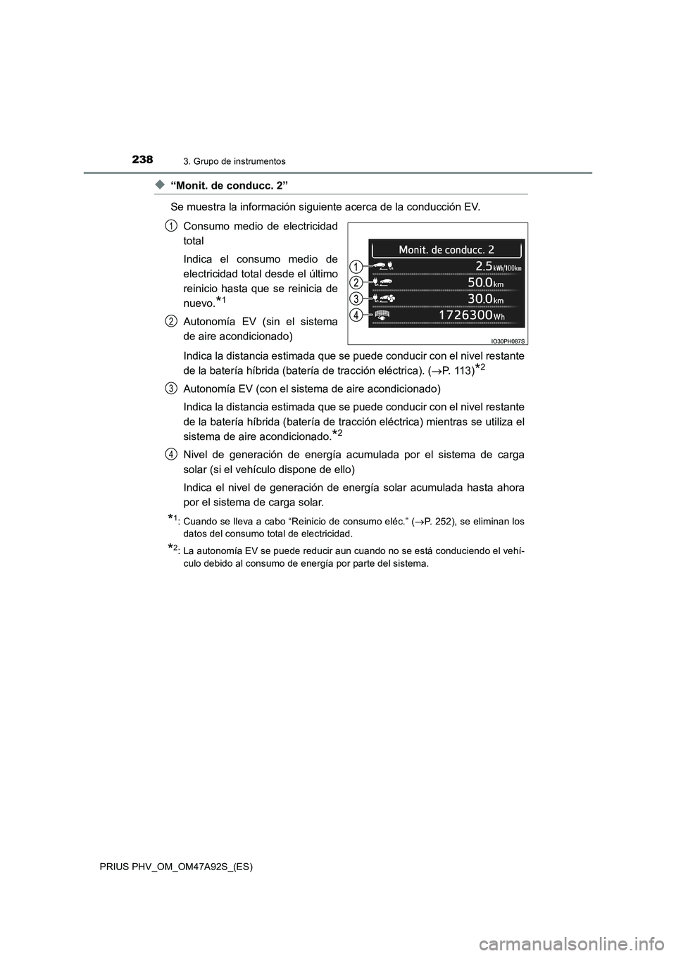TOYOTA PRIUS PLUG-IN HYBRID 2017  Manual del propietario (in Spanish) 2383. Grupo de instrumentos
PRIUS PHV_OM_OM47A92S_(ES)
◆“Monit. de conducc. 2”
Se muestra la información siguiente acerca de la conducción EV.
Consumo medio de electricidad
total
Indica el con