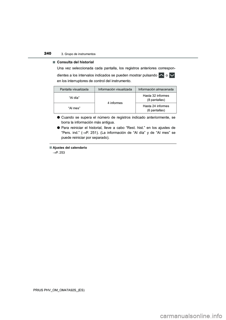 TOYOTA PRIUS PLUG-IN HYBRID 2017  Manual del propietario (in Spanish) 2403. Grupo de instrumentos
PRIUS PHV_OM_OM47A92S_(ES)■
Consulta del historial
Una vez seleccionada cada pantalla, los registros anteriores correspon-
dientes a los intervalos indicados se pueden mo