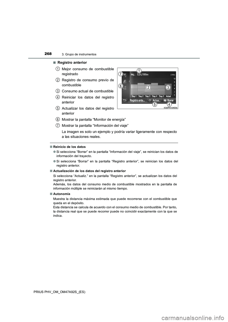 TOYOTA PRIUS PLUG-IN HYBRID 2017 Manual del propietario (in Spanish) 2683. Grupo de instrumentos
PRIUS PHV_OM_OM47A92S_(ES)
■Registro anterior
Mejor consumo de combustible
registrado
Registro de consumo previo de
combustible
Consumo actual de combustible
Reinic TOYOTA PRIUS PLUG-IN HYBRID 2017 Manual del propietario (in Spanish) 2683. Grupo de instrumentos
PRIUS PHV_OM_OM47A92S_(ES)
■Registro anterior
Mejor consumo de combustible
registrado
Registro de consumo previo de
combustible
Consumo actual de combustible
Reinic