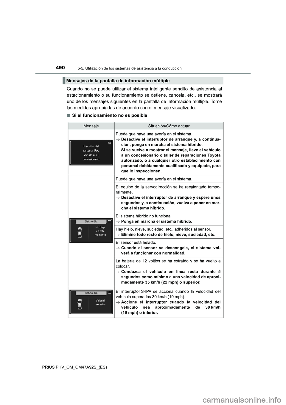 TOYOTA PRIUS PLUG-IN HYBRID 2017 Manual del propietario (in Spanish) 4905-5. Utilización de los sistemas de asistencia a la conducción
PRIUS PHV_OM_OM47A92S_(ES)
Cuando no se puede utilizar el sistema inteligente sencillo de asistencia al
estacionamiento o su funcion TOYOTA PRIUS PLUG-IN HYBRID 2017 Manual del propietario (in Spanish) 4905-5. Utilización de los sistemas de asistencia a la conducción
PRIUS PHV_OM_OM47A92S_(ES)
Cuando no se puede utilizar el sistema inteligente sencillo de asistencia al
estacionamiento o su funcion
