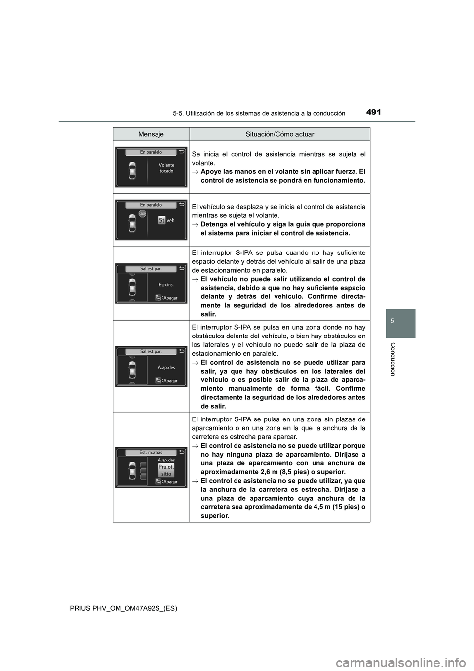 TOYOTA PRIUS PLUG-IN HYBRID 2017 Manual del propietario (in Spanish) 4915-5. Utilización de los sistemas de asistencia a la conducción
PRIUS PHV_OM_OM47A92S_(ES)
5
Conducción
Se inicia el control de asistencia mientras se sujeta el
volante.
Apoye las manos en el TOYOTA PRIUS PLUG-IN HYBRID 2017 Manual del propietario (in Spanish) 4915-5. Utilización de los sistemas de asistencia a la conducción
PRIUS PHV_OM_OM47A92S_(ES)
5
Conducción
Se inicia el control de asistencia mientras se sujeta el
volante.
Apoye las manos en el