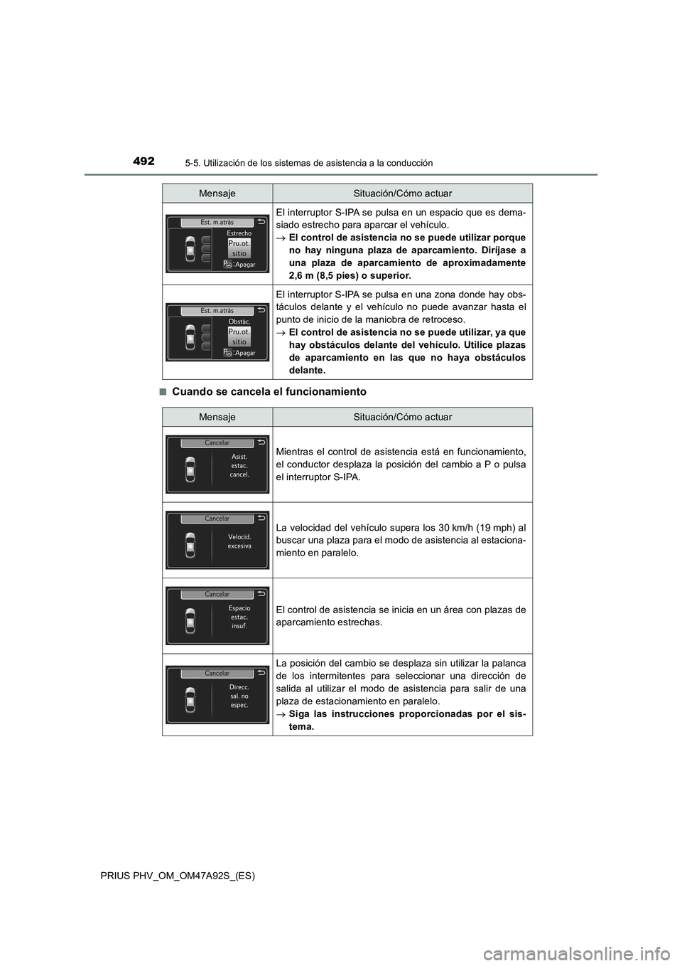 TOYOTA PRIUS PLUG-IN HYBRID 2017 Manual del propietario (in Spanish) 4925-5. Utilización de los sistemas de asistencia a la conducción
PRIUS PHV_OM_OM47A92S_(ES)■
Cuando se cancela el funcionamiento
El interruptor S-IPA se pulsa en un espacio que es dema-
siado est TOYOTA PRIUS PLUG-IN HYBRID 2017 Manual del propietario (in Spanish) 4925-5. Utilización de los sistemas de asistencia a la conducción
PRIUS PHV_OM_OM47A92S_(ES)■
Cuando se cancela el funcionamiento
El interruptor S-IPA se pulsa en un espacio que es dema-
siado est