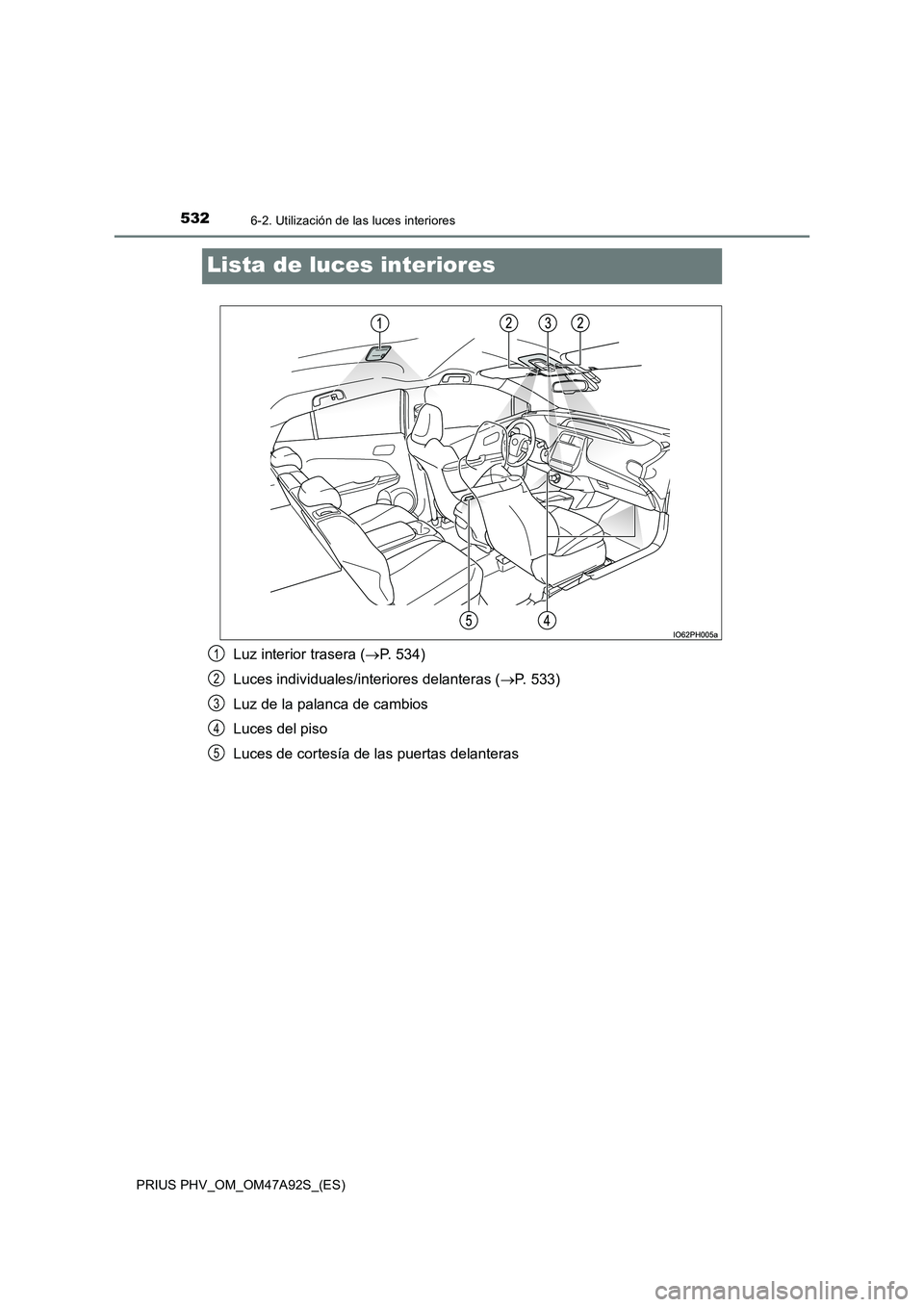 TOYOTA PRIUS PLUG-IN HYBRID 2017  Manual del propietario (in Spanish) 5326-2. Utilización de las luces interiores
PRIUS PHV_OM_OM47A92S_(ES)
Lista de luces interiores
Luz interior trasera (P. 534)
Luces individuales/interiores delanteras (P. 533)
Luz de la palanc