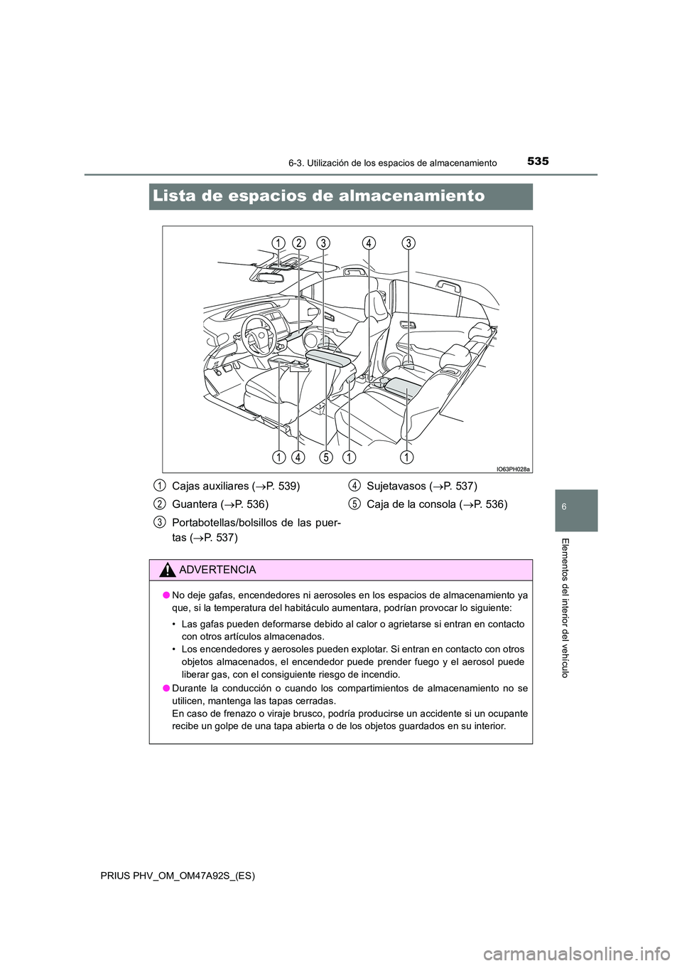 TOYOTA PRIUS PLUG-IN HYBRID 2017 Manual del propietario (in Spanish) 5356-3. Utilización de los espacios de almacenamiento
PRIUS PHV_OM_OM47A92S_(ES)
6
Elementos del interior del vehículo
Lista de espacios de almacenamiento
Cajas auxiliares (P. 539)
Guantera ( TOYOTA PRIUS PLUG-IN HYBRID 2017 Manual del propietario (in Spanish) 5356-3. Utilización de los espacios de almacenamiento
PRIUS PHV_OM_OM47A92S_(ES)
6
Elementos del interior del vehículo
Lista de espacios de almacenamiento
Cajas auxiliares (P. 539)
Guantera (