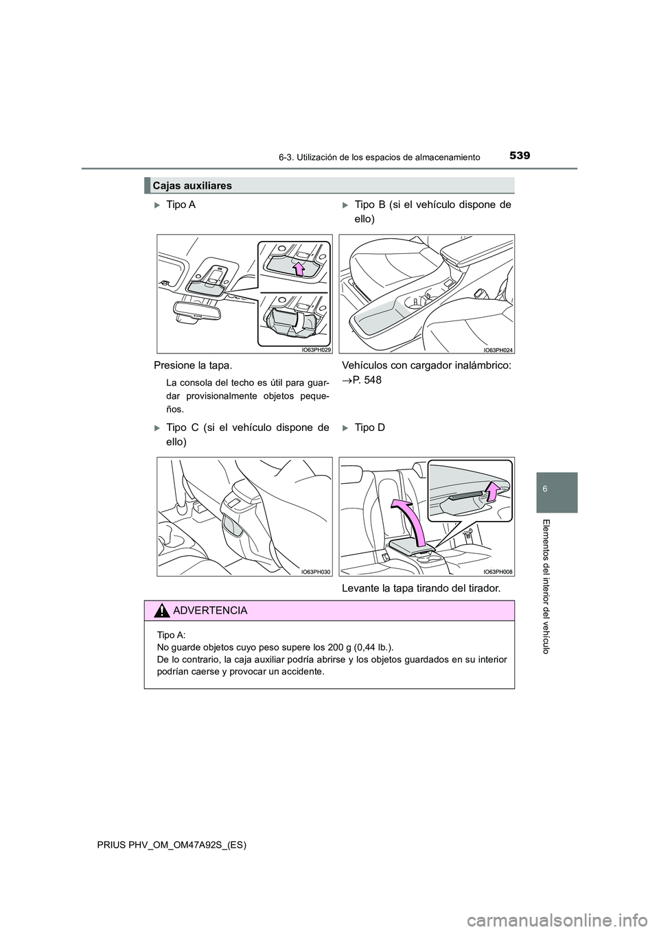 TOYOTA PRIUS PLUG-IN HYBRID 2017  Manual del propietario (in Spanish) 5396-3. Utilización de los espacios de almacenamiento
PRIUS PHV_OM_OM47A92S_(ES)
6
Elementos del interior del vehículo
Cajas auxiliares
Tipo ATipo B (si el vehículo dispone de 
ello) 
Presion