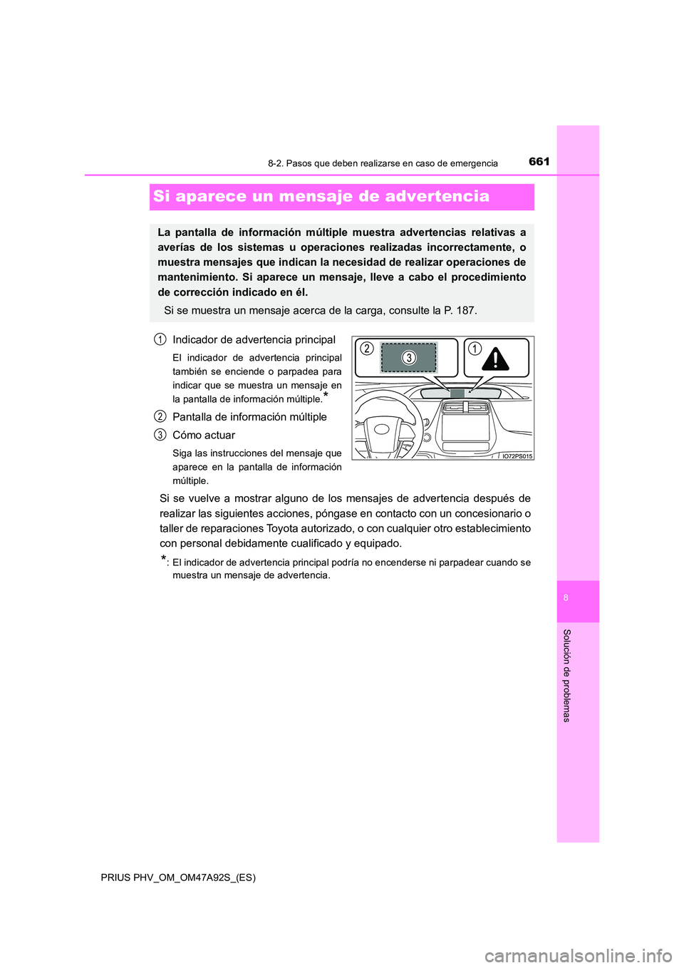 TOYOTA PRIUS PLUG-IN HYBRID 2017  Manual del propietario (in Spanish) 6618-2. Pasos que deben realizarse en caso de emergencia
PRIUS PHV_OM_OM47A92S_(ES)
8
Solución de problemas
Si aparece un mensaje de advertencia
Indicador de advertencia principal
El indicador de adv