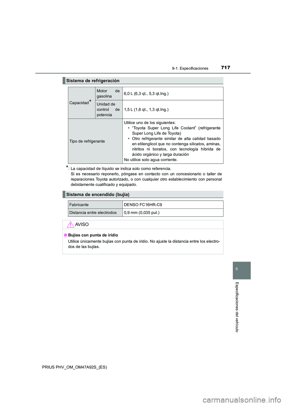 TOYOTA PRIUS PLUG-IN HYBRID 2017  Manual del propietario (in Spanish) 7179-1. Especificaciones
PRIUS PHV_OM_OM47A92S_(ES)
9
Especificaciones del vehículo
*: La capacidad de líquido se indica solo como referencia.  
Si es necesario reponerlo, póngase en contacto con u