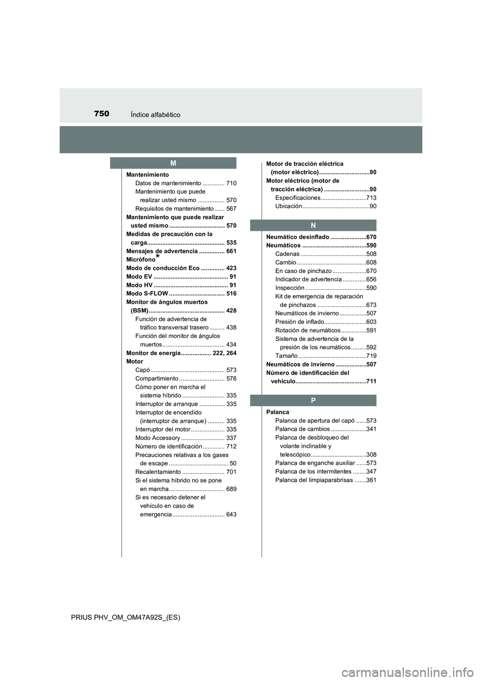 TOYOTA PRIUS PLUG-IN HYBRID 2017  Manual del propietario (in Spanish) 750Índice alfabético
PRIUS PHV_OM_OM47A92S_(ES)
Mantenimiento
Datos de mantenimiento ............. 710
Mantenimiento que puede 
realizar usted mismo ................ 570
Requisitos de mantenimiento 
