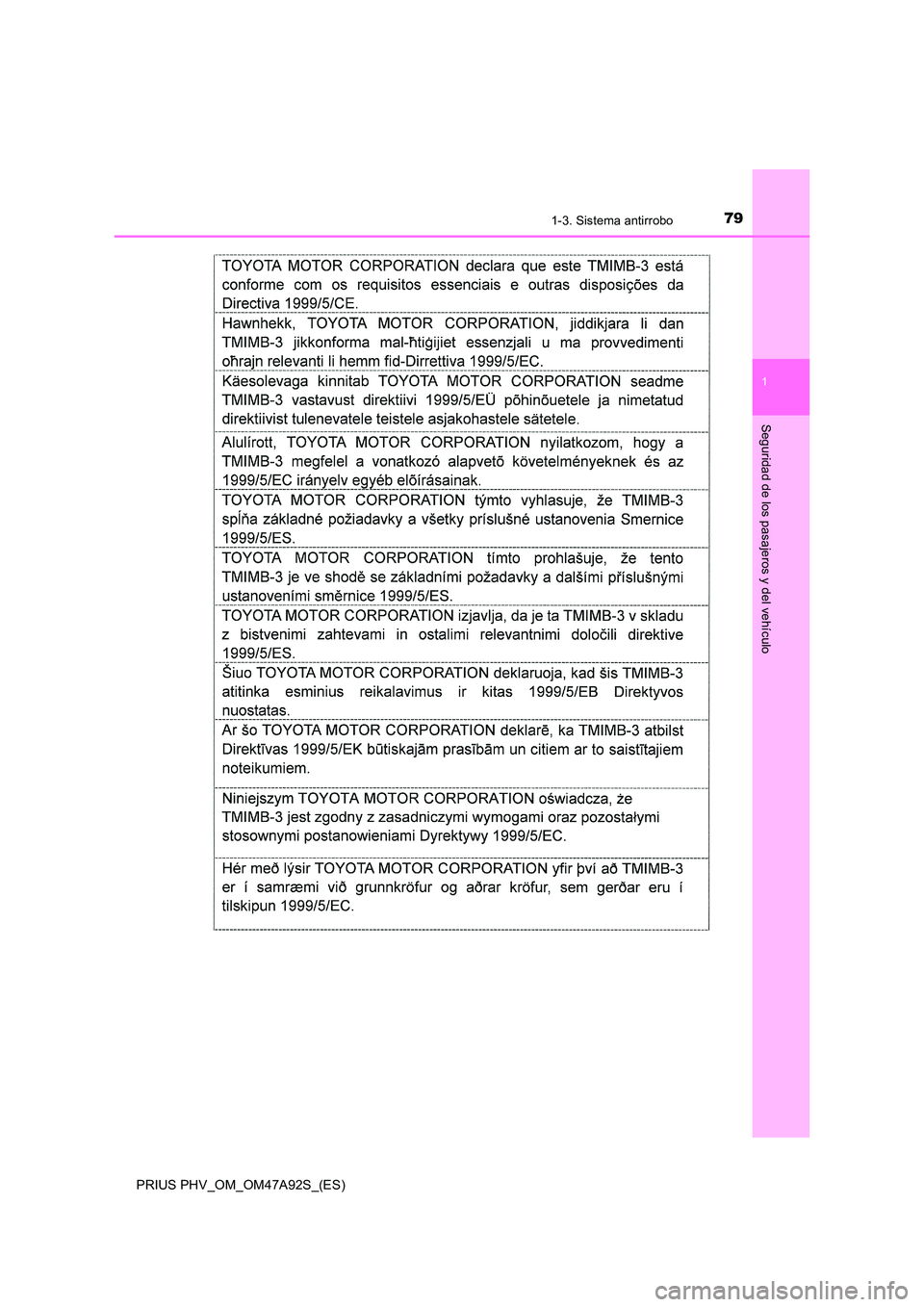 TOYOTA PRIUS PLUG-IN HYBRID 2017 Manual del propietario (in Spanish) 791-3. Sistema antirrobo
1
PRIUS PHV_OM_OM47A92S_(ES)
Seguridad de los pasajeros y del vehículo TOYOTA PRIUS PLUG-IN HYBRID 2017 Manual del propietario (in Spanish) 791-3. Sistema antirrobo
1
PRIUS PHV_OM_OM47A92S_(ES)
Seguridad de los pasajeros y del vehículo