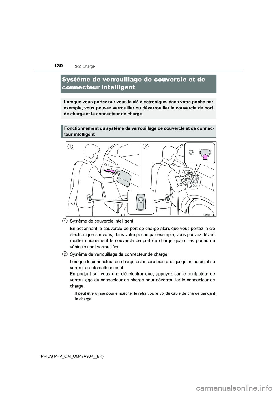 TOYOTA PRIUS PLUG-IN HYBRID 2017 Manuel du propriétaire (in French) 1302-2. Charge
PRIUS PHV_OM_OM47A90K_(EK)
Système de verrouillage de couvercle et de
connecteur intelligent
Système de couvercle intelligent
En actionnant le couvercle de port de charge alors qu TOYOTA PRIUS PLUG-IN HYBRID 2017 Manuel du propriétaire (in French) 1302-2. Charge
PRIUS PHV_OM_OM47A90K_(EK)
Système de verrouillage de couvercle et de
connecteur intelligent
Système de couvercle intelligent
En actionnant le couvercle de port de charge alors qu
