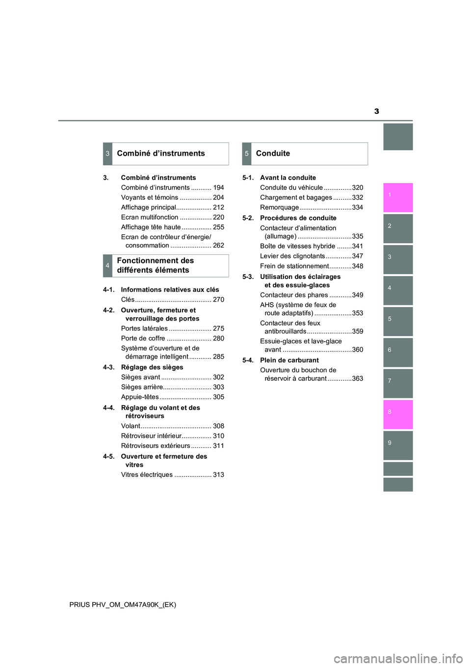 TOYOTA PRIUS PLUG-IN HYBRID 2017  Manuel du propriétaire (in French) 3
1 
9 
8
7
6
5
4 
2
PRIUS PHV_OM_OM47A90K_(EK)
3
3. Combiné d’instruments 
Combiné d’instruments ........... 194 
Voyants et témoins ................. 204
Affichage principal..................