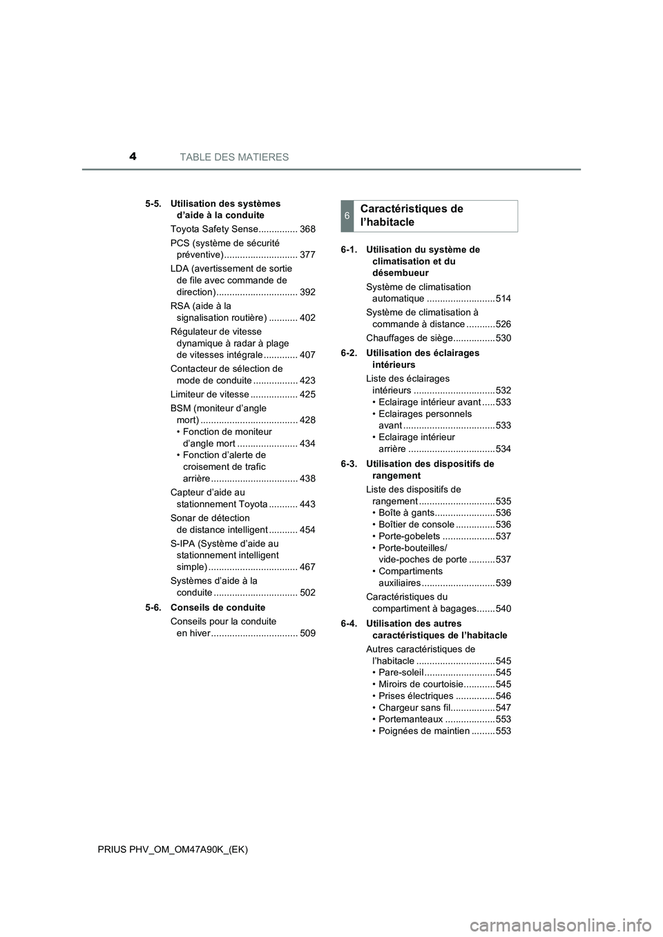 TOYOTA PRIUS PLUG-IN HYBRID 2017  Manuel du propriétaire (in French) TABLE DES MATIERES4
PRIUS PHV_OM_OM47A90K_(EK)5-5. Utilisation des systèmes 
d’aide à la conduite
Toyota Safety Sense............... 368
PCS (système de sécurité 
préventive) .................