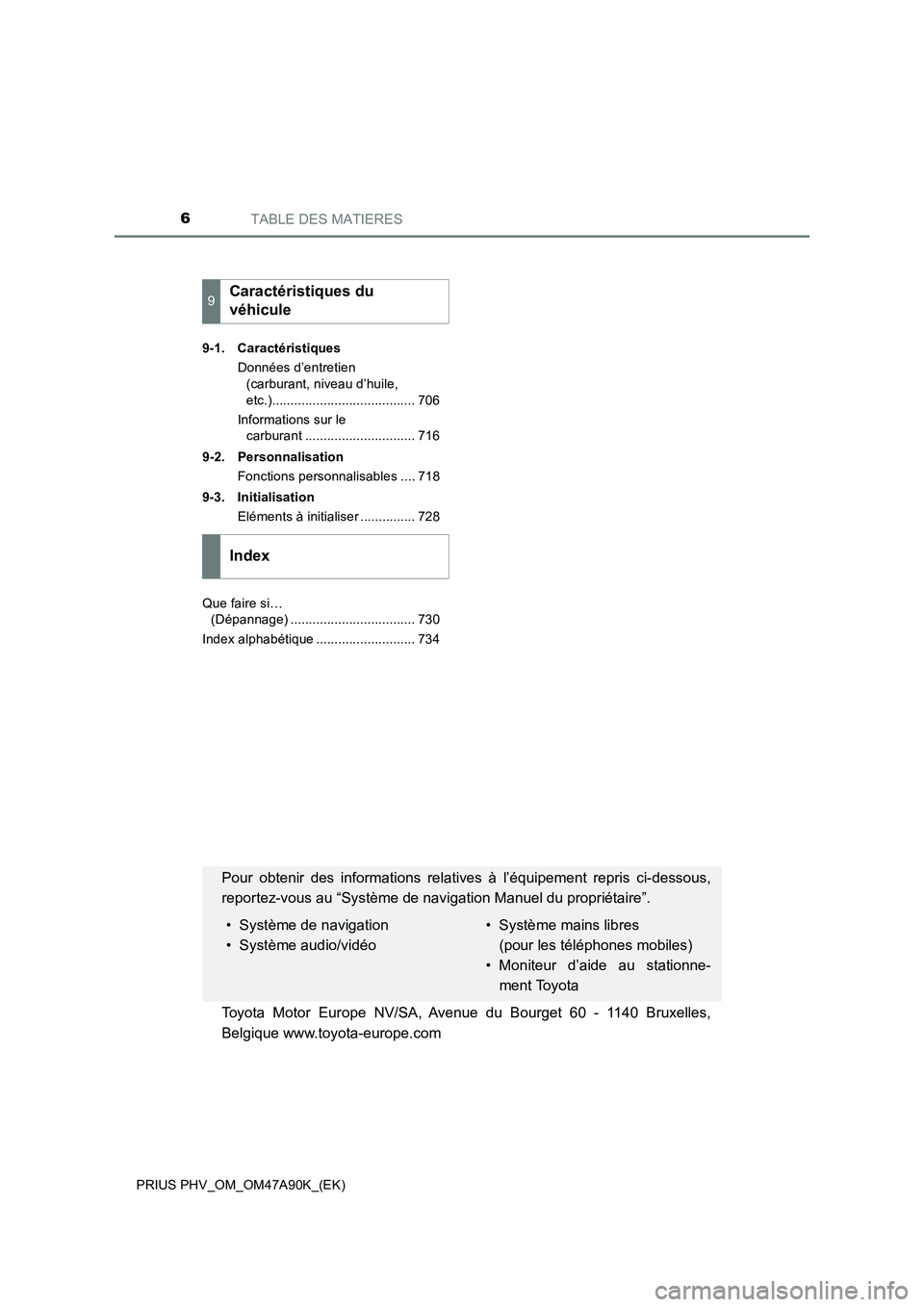 TOYOTA PRIUS PLUG-IN HYBRID 2017  Manuel du propriétaire (in French) TABLE DES MATIERES6
PRIUS PHV_OM_OM47A90K_(EK)9-1. Caractéristiques
Données d’entretien 
(carburant, niveau d’huile, 
etc.)....................................... 706
Informations sur le 
carbur