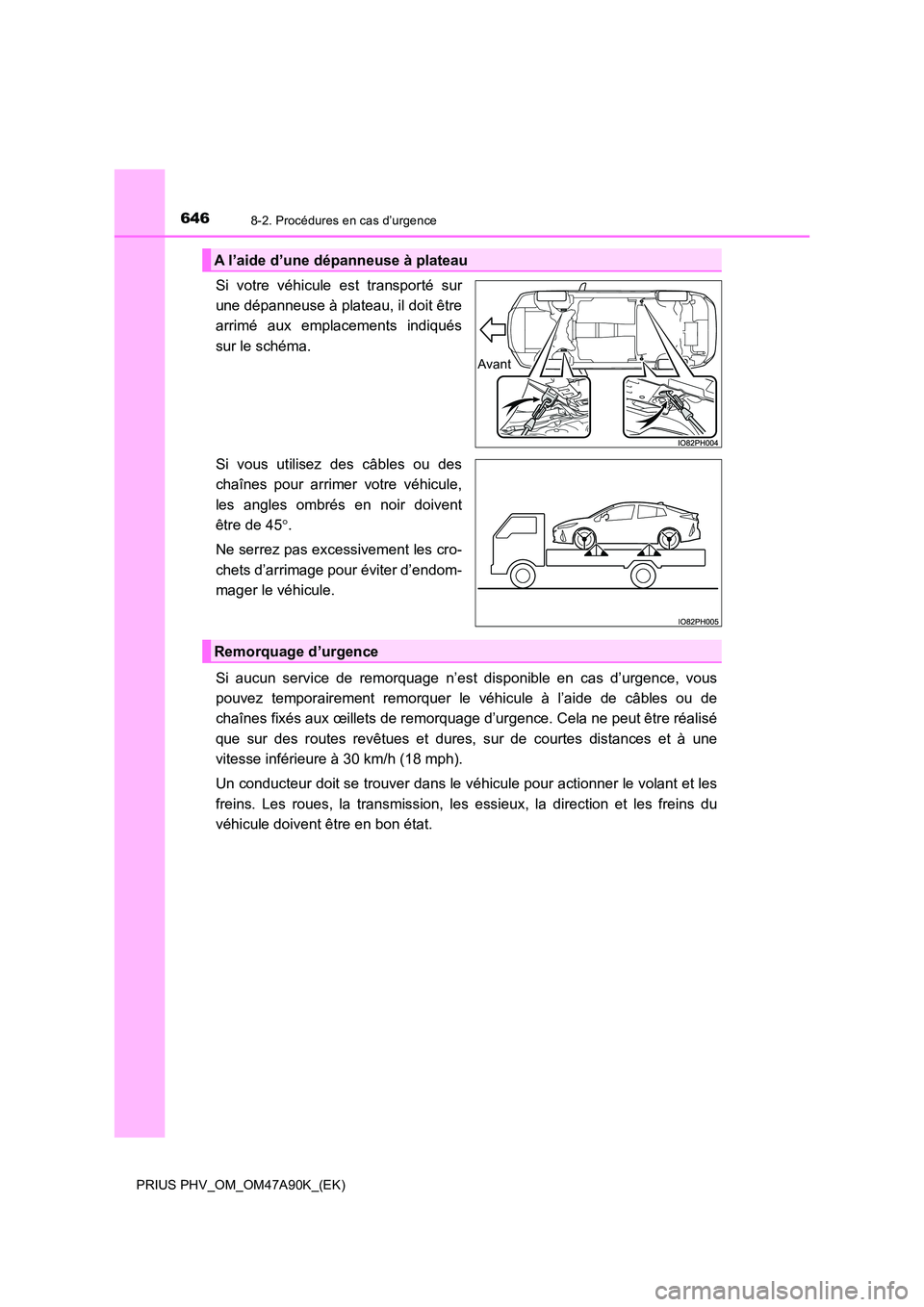 TOYOTA PRIUS PLUG-IN HYBRID 2017 Manuel du propriétaire (in French) 6468-2. Procédures en cas d’urgence
PRIUS PHV_OM_OM47A90K_(EK)
Si votre véhicule est transporté sur
une dépanneuse à plateau, il doit être
arrimé aux emplacements indiqués
sur le schéma. TOYOTA PRIUS PLUG-IN HYBRID 2017 Manuel du propriétaire (in French) 6468-2. Procédures en cas d’urgence
PRIUS PHV_OM_OM47A90K_(EK)
Si votre véhicule est transporté sur
une dépanneuse à plateau, il doit être
arrimé aux emplacements indiqués
sur le schéma.