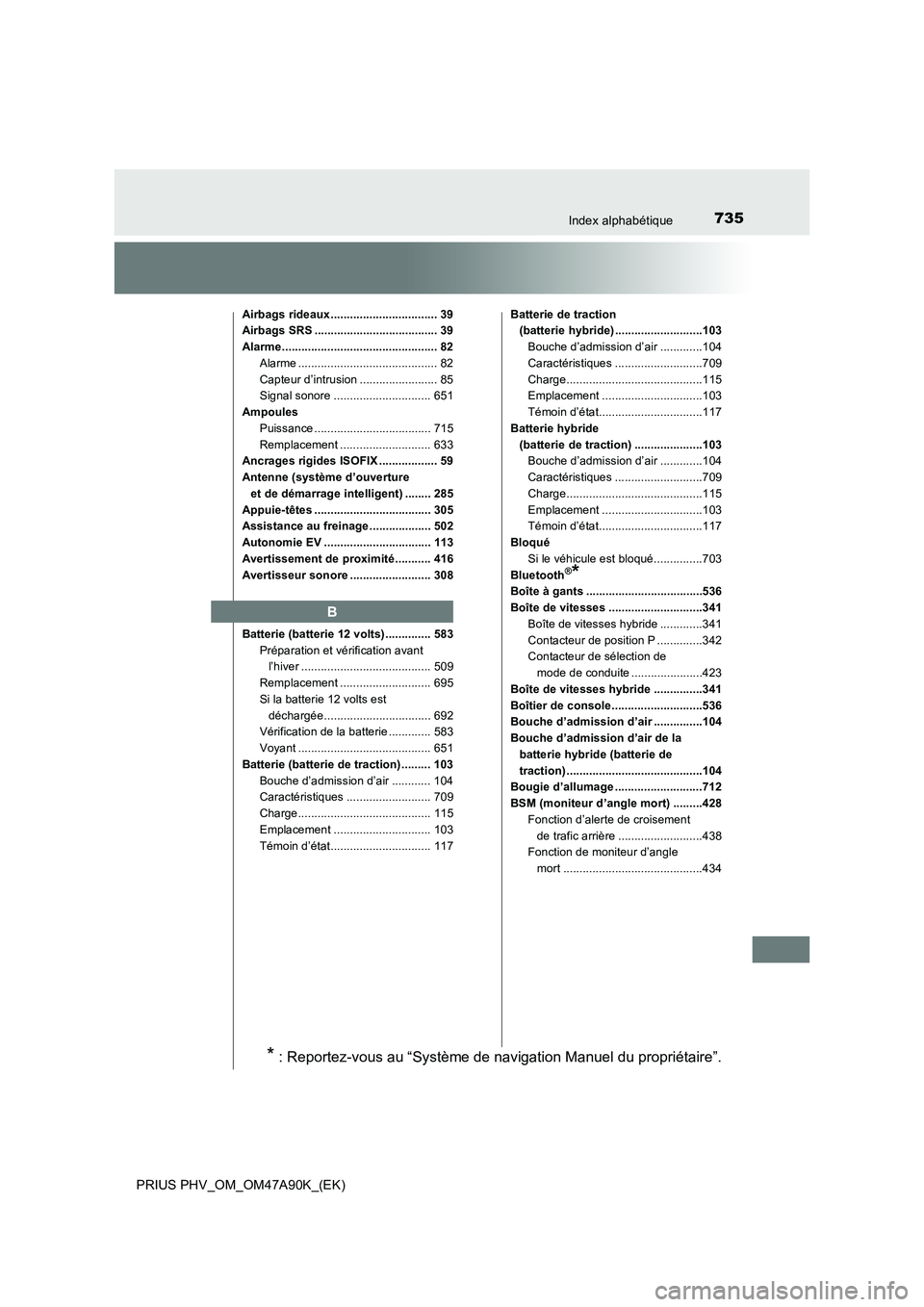 TOYOTA PRIUS PLUG-IN HYBRID 2017  Manuel du propriétaire (in French) 735Index alphabétique
PRIUS PHV_OM_OM47A90K_(EK)
Airbags rideaux................................. 39
Airbags SRS ...................................... 39
Alarme......................................