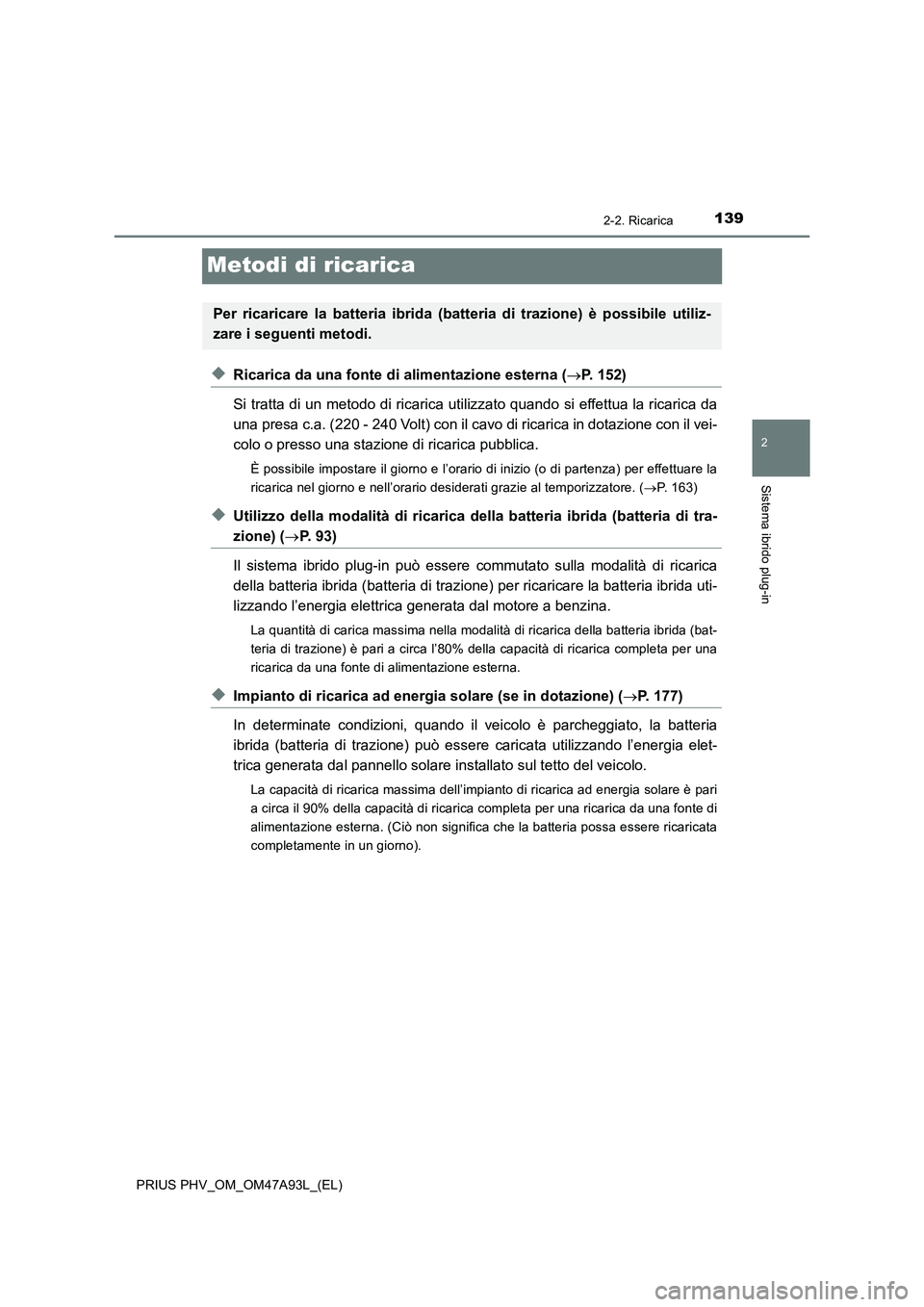 TOYOTA PRIUS PLUG-IN HYBRID 2016 Manuale duso (in Italian) 139
2
2-2. Ricarica
Sistema ibrido plug-in
PRIUS PHV_OM_OM47A93L_(EL)
Metodi di ricarica
◆Ricarica da una fonte di alimentazione esterna (P. 152)
Si tratta di un metodo di ricarica utilizzato qua TOYOTA PRIUS PLUG-IN HYBRID 2016 Manuale duso (in Italian) 139
2
2-2. Ricarica
Sistema ibrido plug-in
PRIUS PHV_OM_OM47A93L_(EL)
Metodi di ricarica
◆Ricarica da una fonte di alimentazione esterna (P. 152)
Si tratta di un metodo di ricarica utilizzato qua