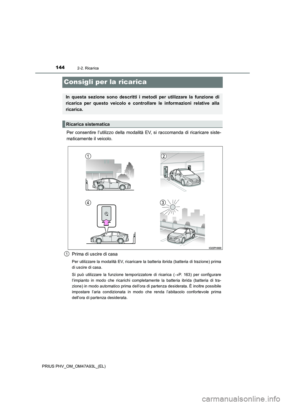 TOYOTA PRIUS PLUG-IN HYBRID 2016 Manuale duso (in Italian) 1442-2. Ricarica
PRIUS PHV_OM_OM47A93L_(EL)
Consigli per la ricarica
Per consentire l’utilizzo della modalità EV, si raccomanda di ricaricare siste-
maticamente il veicolo.
Prima di uscire di cas TOYOTA PRIUS PLUG-IN HYBRID 2016 Manuale duso (in Italian) 1442-2. Ricarica
PRIUS PHV_OM_OM47A93L_(EL)
Consigli per la ricarica
Per consentire l’utilizzo della modalità EV, si raccomanda di ricaricare siste-
maticamente il veicolo.
Prima di uscire di cas