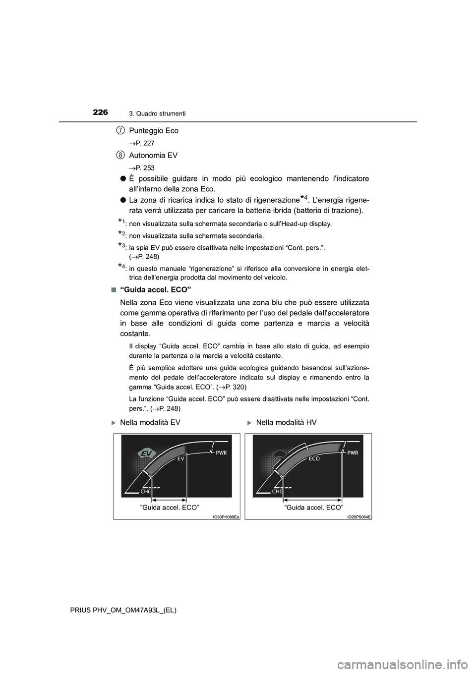 TOYOTA PRIUS PLUG-IN HYBRID 2016 Manuale duso (in Italian) 2263. Quadro strumenti
PRIUS PHV_OM_OM47A93L_(EL)
Punteggio Eco
P. 2 2 7
Autonomia EV
P. 2 5 3
●È possibile guidare in modo più ecologico mantenendo l’indicatore
all’interno della zona TOYOTA PRIUS PLUG-IN HYBRID 2016 Manuale duso (in Italian) 2263. Quadro strumenti
PRIUS PHV_OM_OM47A93L_(EL)
Punteggio Eco
P. 2 2 7
Autonomia EV
P. 2 5 3
●È possibile guidare in modo più ecologico mantenendo l’indicatore
all’interno della zona