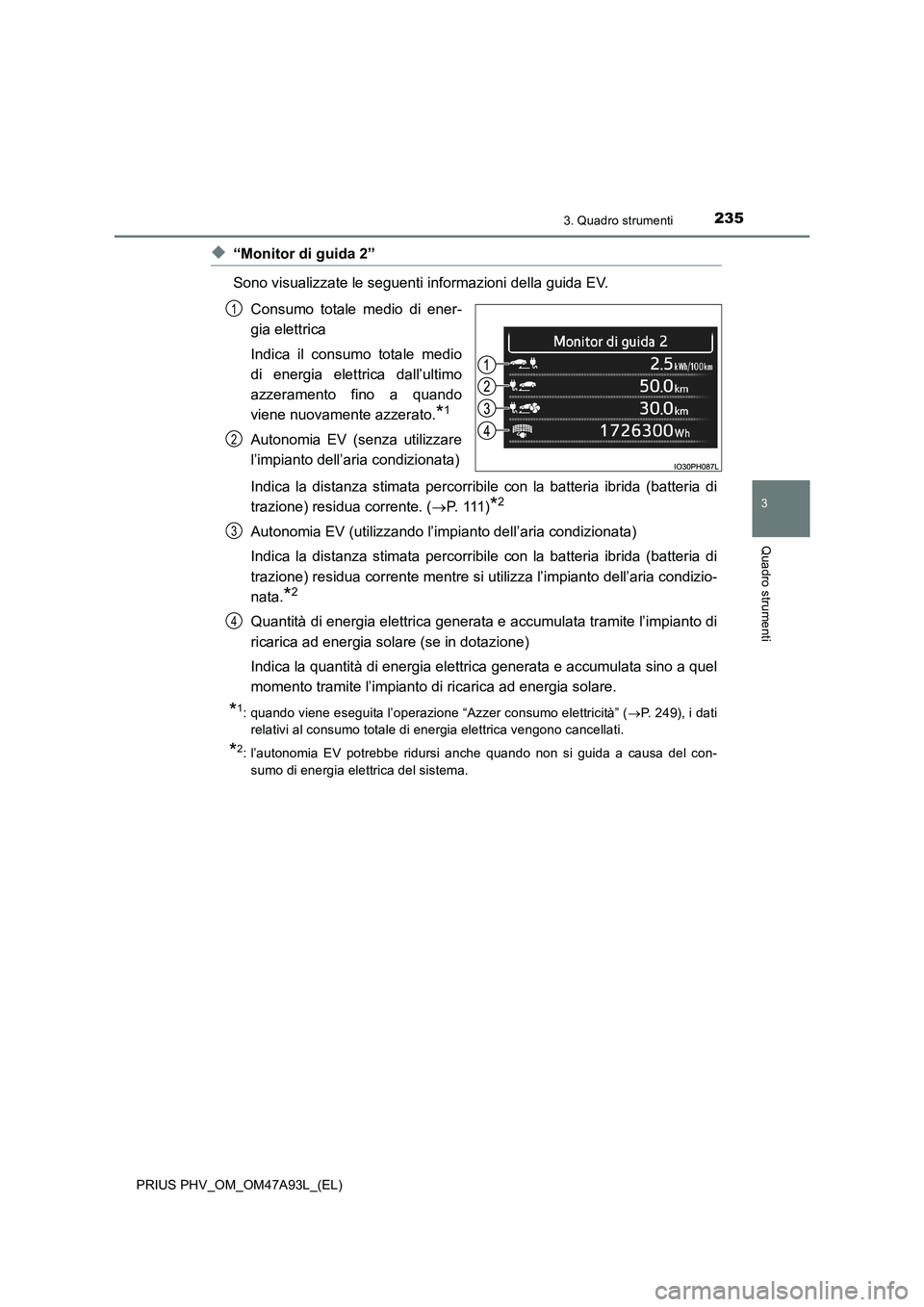 TOYOTA PRIUS PLUG-IN HYBRID 2016 Manuale duso (in Italian) 2353. Quadro strumenti
3
Quadro strumenti
PRIUS PHV_OM_OM47A93L_(EL)
◆“Monitor di guida 2”
Sono visualizzate le seguenti informazioni della guida EV.
Consumo totale medio di ener-
gia elettrica
TOYOTA PRIUS PLUG-IN HYBRID 2016 Manuale duso (in Italian) 2353. Quadro strumenti
3
Quadro strumenti
PRIUS PHV_OM_OM47A93L_(EL)
◆“Monitor di guida 2”
Sono visualizzate le seguenti informazioni della guida EV.
Consumo totale medio di ener-
gia elettrica