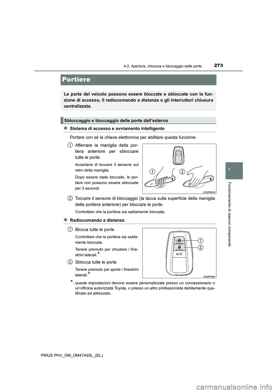 TOYOTA PRIUS PLUG-IN HYBRID 2016 Manuale duso (in Italian) 2734-2. Apertura, chiusura e bloccaggio delle porte
PRIUS PHV_OM_OM47A93L_(EL)
4
Funzionamento di ciascun componente
Portiere
◆Sistema di accesso e avviamento intelligente
Portare con sé la chiave TOYOTA PRIUS PLUG-IN HYBRID 2016 Manuale duso (in Italian) 2734-2. Apertura, chiusura e bloccaggio delle porte
PRIUS PHV_OM_OM47A93L_(EL)
4
Funzionamento di ciascun componente
Portiere
◆Sistema di accesso e avviamento intelligente
Portare con sé la chiave