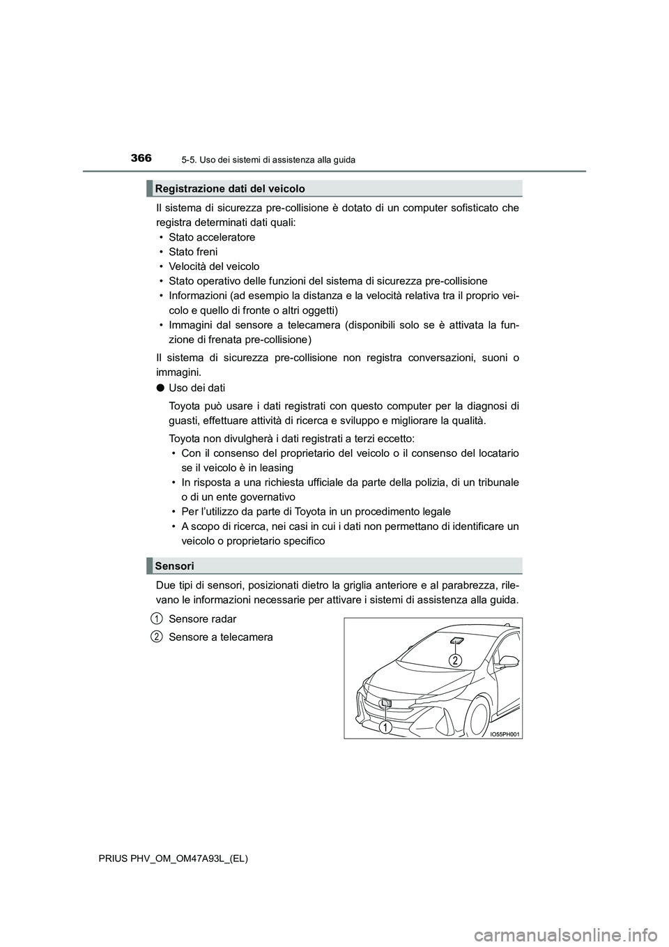 TOYOTA PRIUS PLUG-IN HYBRID 2016 Manuale duso (in Italian) 3665-5. Uso dei sistemi di assistenza alla guida
PRIUS PHV_OM_OM47A93L_(EL)
Il sistema di sicurezza pre-collisione è dotato di un computer sofisticato che
registra determinati dati quali:
• Stato TOYOTA PRIUS PLUG-IN HYBRID 2016 Manuale duso (in Italian) 3665-5. Uso dei sistemi di assistenza alla guida
PRIUS PHV_OM_OM47A93L_(EL)
Il sistema di sicurezza pre-collisione è dotato di un computer sofisticato che
registra determinati dati quali:
• Stato