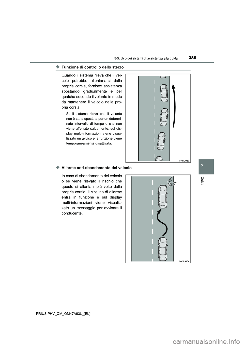 TOYOTA PRIUS PLUG-IN HYBRID 2016 Manuale duso (in Italian) 3895-5. Uso dei sistemi di assistenza alla guida
PRIUS PHV_OM_OM47A93L_(EL)
5
Guida
◆Funzione di controllo dello sterzo
Quando il sistema rileva che il vei-
colo potrebbe allontanarsi dalla
propria TOYOTA PRIUS PLUG-IN HYBRID 2016 Manuale duso (in Italian) 3895-5. Uso dei sistemi di assistenza alla guida
PRIUS PHV_OM_OM47A93L_(EL)
5
Guida
◆Funzione di controllo dello sterzo
Quando il sistema rileva che il vei-
colo potrebbe allontanarsi dalla
propria