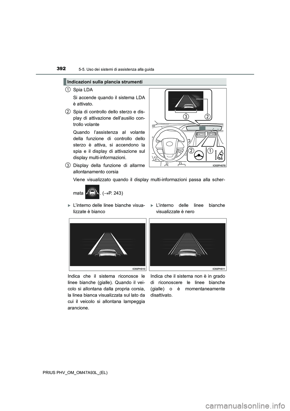 TOYOTA PRIUS PLUG-IN HYBRID 2016 Manuale duso (in Italian) 3925-5. Uso dei sistemi di assistenza alla guida
PRIUS PHV_OM_OM47A93L_(EL)
Spia LDA
Si accende quando il sistema LDA
è attivato.
Spia di controllo dello sterzo e dis-
play di attivazione dell’ausi TOYOTA PRIUS PLUG-IN HYBRID 2016 Manuale duso (in Italian) 3925-5. Uso dei sistemi di assistenza alla guida
PRIUS PHV_OM_OM47A93L_(EL)
Spia LDA
Si accende quando il sistema LDA
è attivato.
Spia di controllo dello sterzo e dis-
play di attivazione dell’ausi