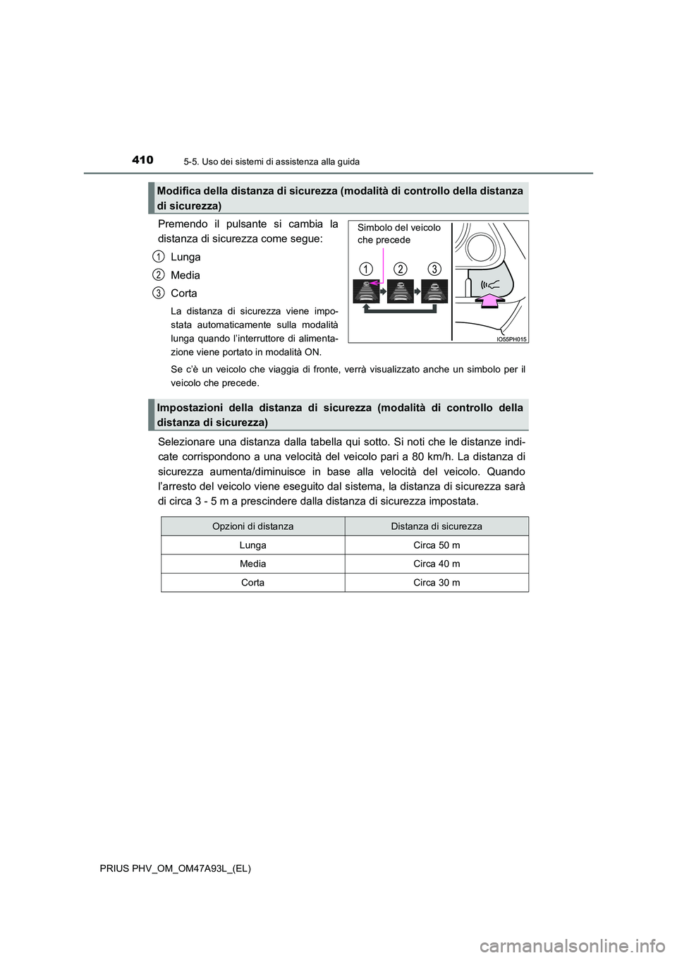 TOYOTA PRIUS PLUG-IN HYBRID 2016 Manuale duso (in Italian) 4105-5. Uso dei sistemi di assistenza alla guida
PRIUS PHV_OM_OM47A93L_(EL)
Premendo il pulsante si cambia la
distanza di sicurezza come segue:
Lunga
Media
Corta
La distanza di sicurezza viene impo TOYOTA PRIUS PLUG-IN HYBRID 2016 Manuale duso (in Italian) 4105-5. Uso dei sistemi di assistenza alla guida
PRIUS PHV_OM_OM47A93L_(EL)
Premendo il pulsante si cambia la
distanza di sicurezza come segue:
Lunga
Media
Corta
La distanza di sicurezza viene impo